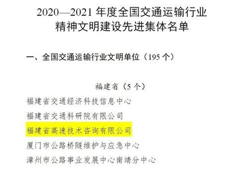 福建高速技术咨询公司荣获全国交通运输行业精神文明建设先进集体荣誉称号